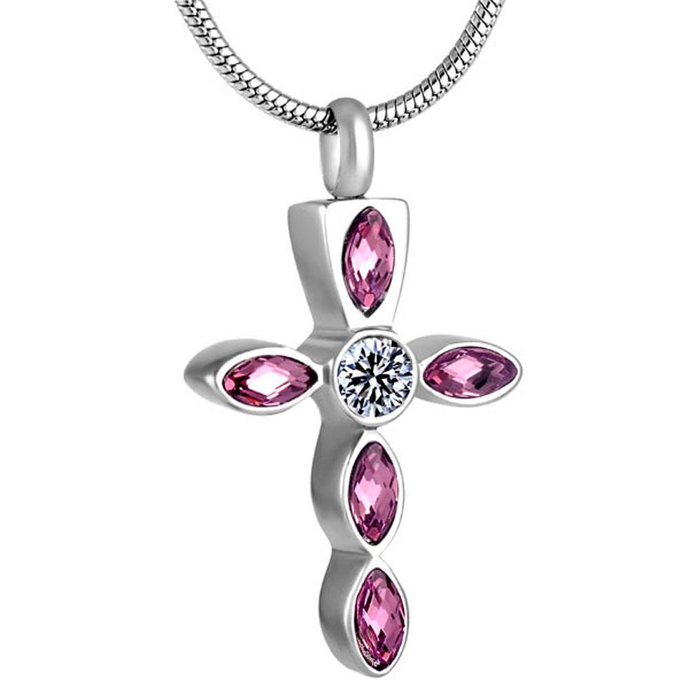 Silver Crystal Cross Memorial Urn Pendant with Necklace