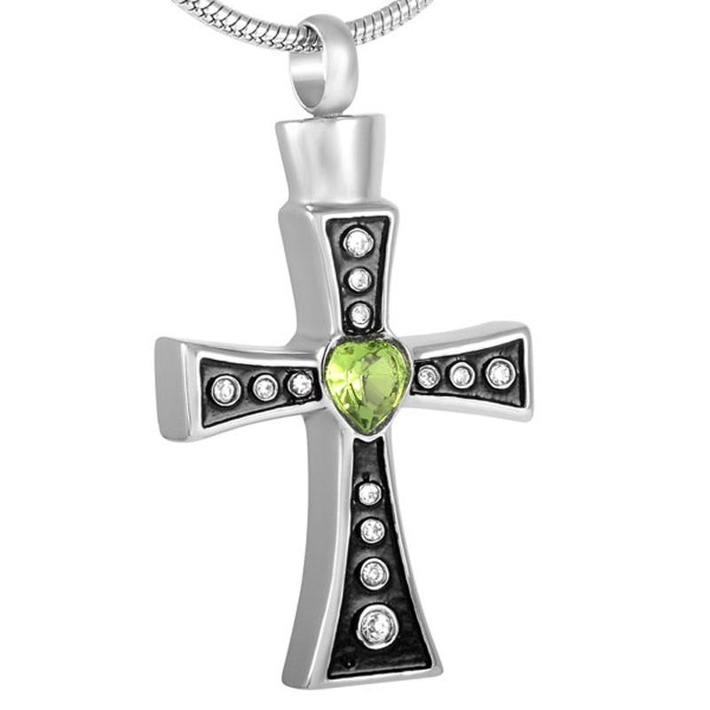 Urn Silver Cross with Green Heart Crystals and Necklace