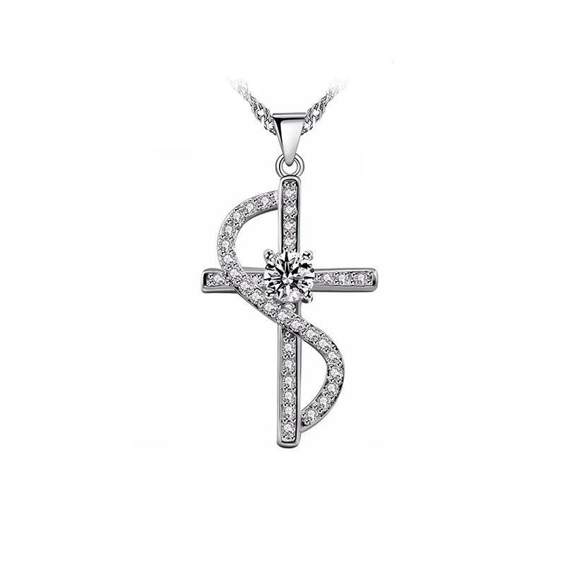 Cubic Zirconia Silver Cross with Wave Accent Necklace
