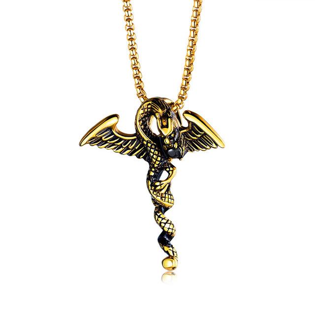 Stainless Steel Winged Dragon with Black Crystal Stone Necklace