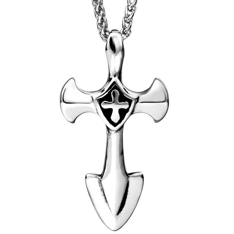 Stainless Steel Silver Knights Templar Cross with Spearhead End Necklace