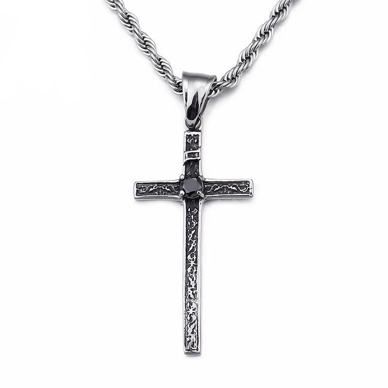 Thin Gothic Silver Cross Pendant with Black Crystal Necklace