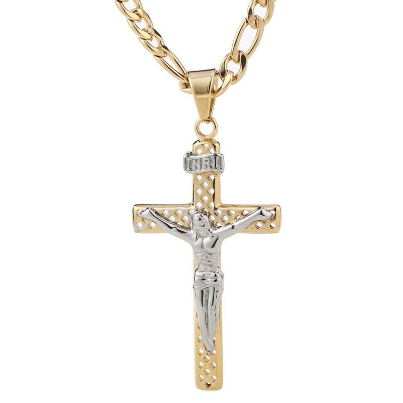 Stainless Steel Jesus Cross Pendant Gold Chain Necklace