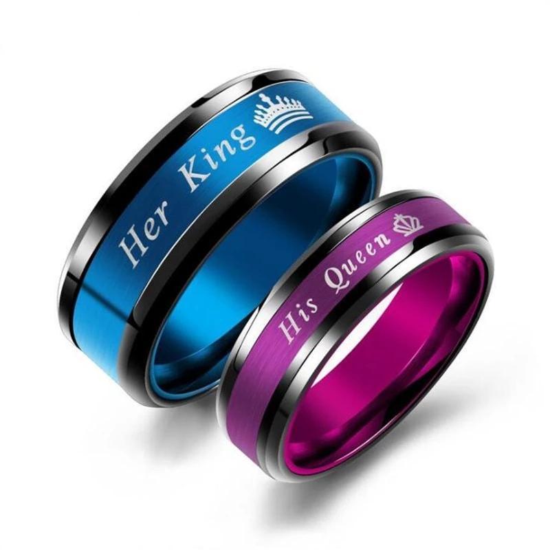 His and Her Blue and Magenta Stainless Steel with Royal Crown Design Couple Ring