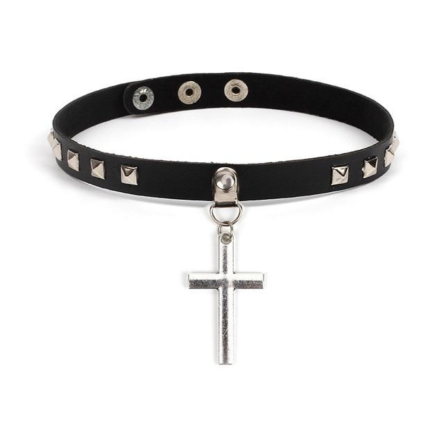 Black Leather Gothic Cross Choker Necklace