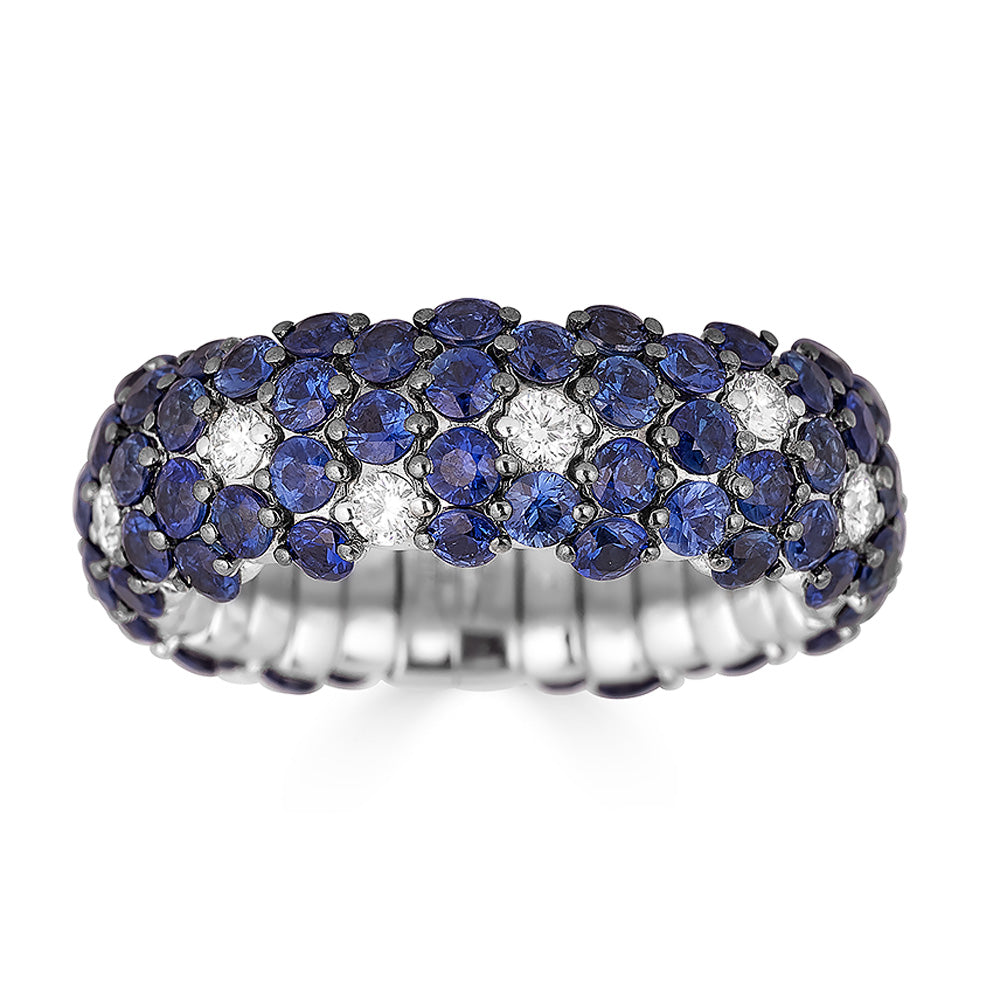 Zydo 18K White Gold 4.49ctw Blue Sapphire and Diamond Domed Stretch Ring