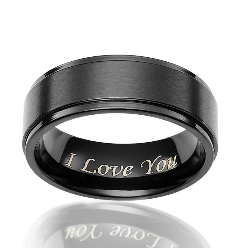 8MM Men's Black Titanium Ring Wedding Band Engraved I Love You