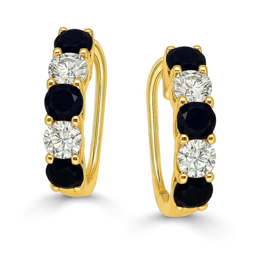 14K Yellow Gold Black & White Diamond Hoop Earrings