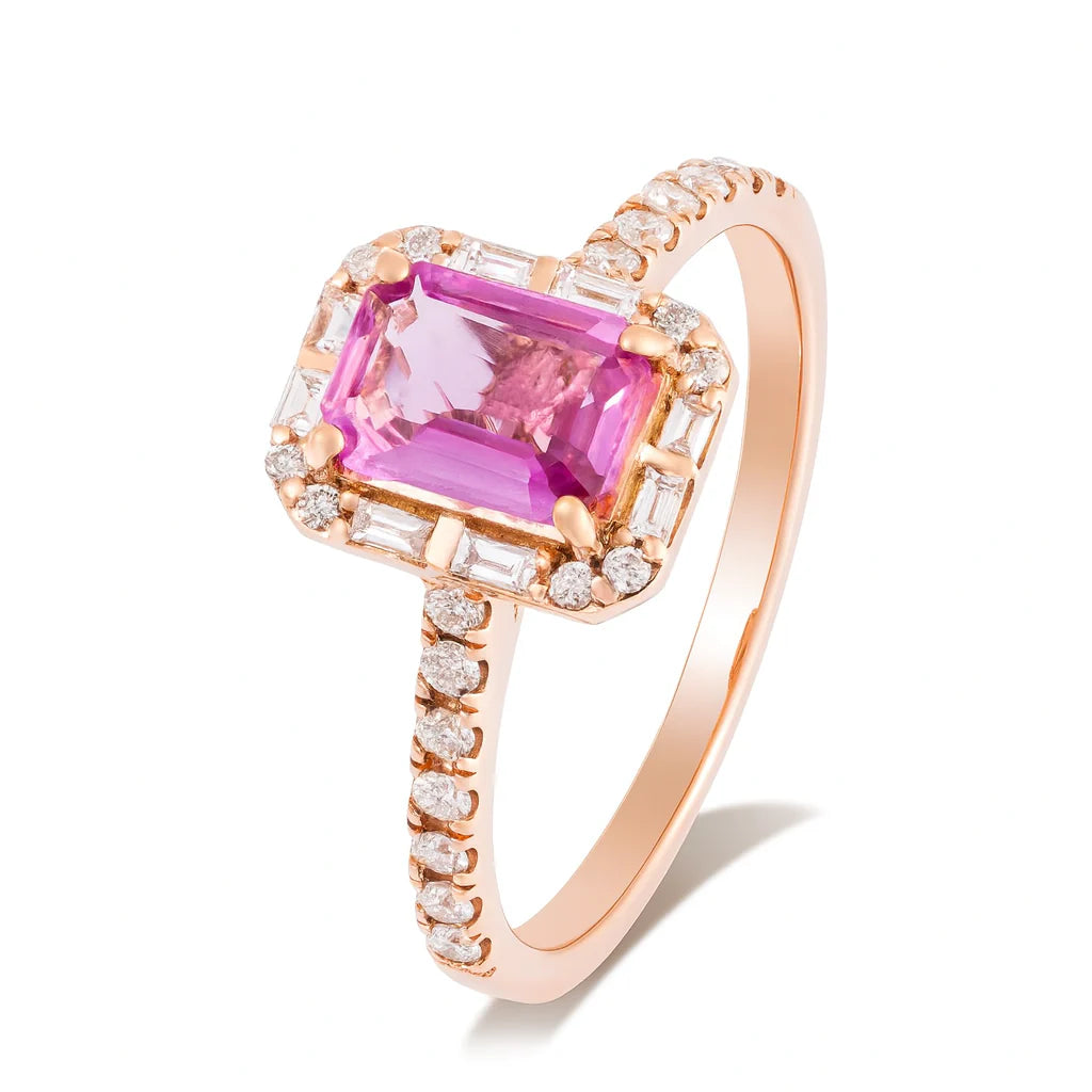 18K Rose Gold Pink Sapphire and Diamond Halo Ring