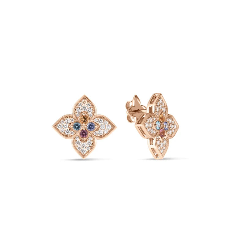 18K Rose Gold Earrings with Diamonds, Rubies, and Tanzanite