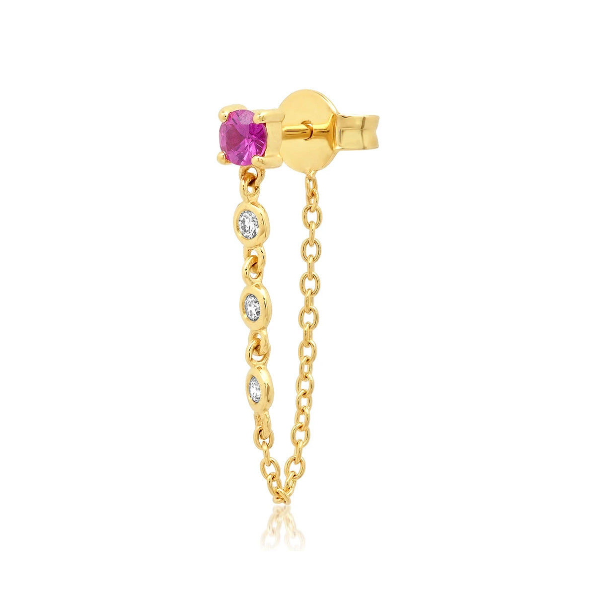 Eriness 14K Yellow Gold Single Ruby Stud Diamond Chain Earring