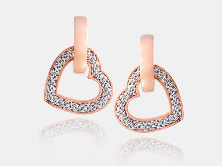 Rose Gold Dangling Hearts with Silver Mesh Earrings