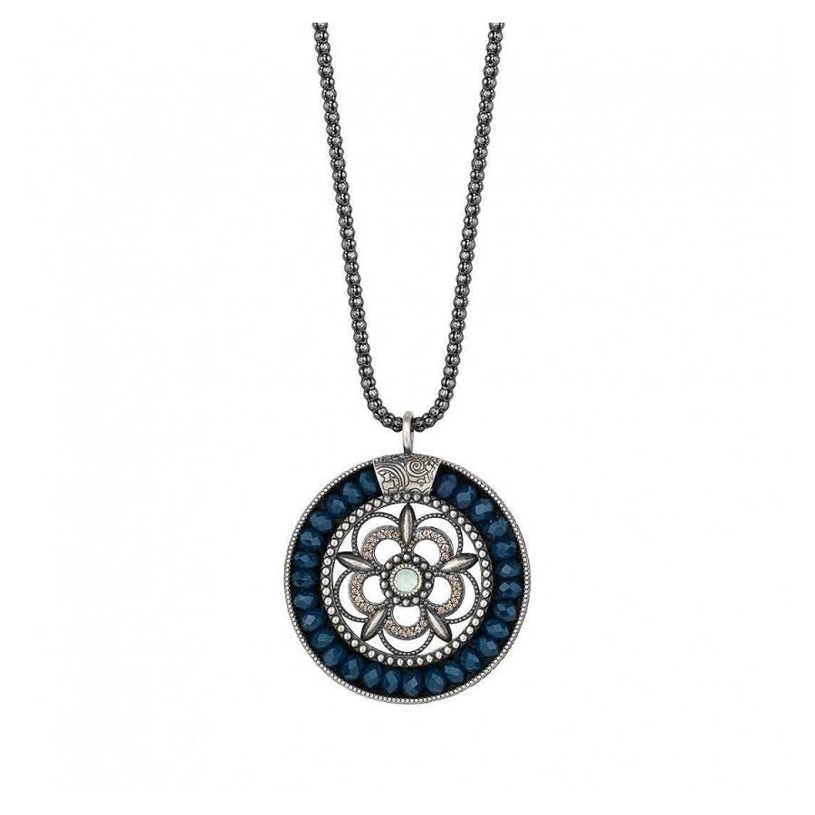 Silver Necklace With Sapphire Blue Crystal And Flower