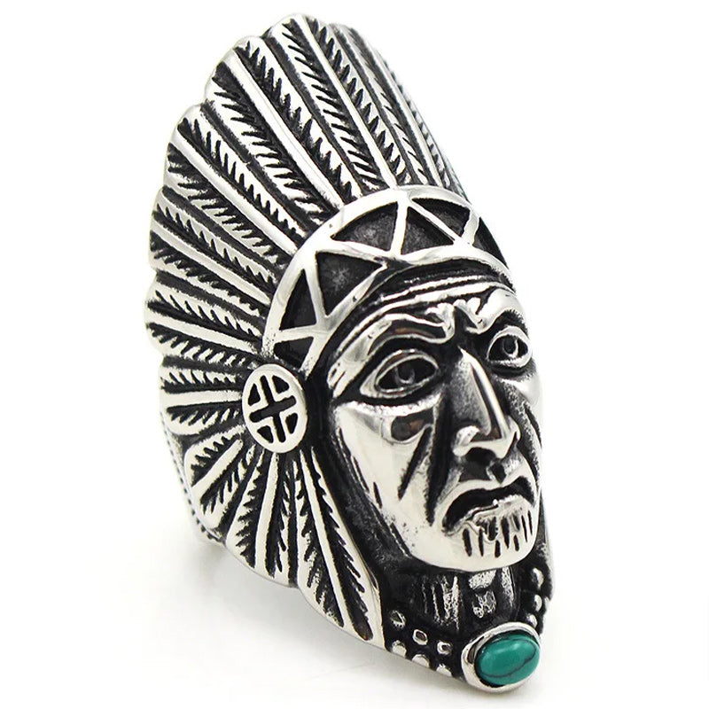Men's Stainless Steel Vintage Tribal Leader Native American Indian Chief Head Ring with Feather Turquoise