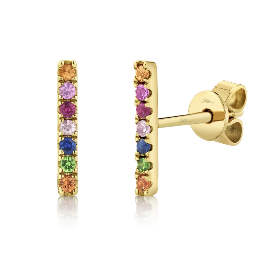 14K Yellow Gold 0.17ctw Multi-Colored Gemstone Bar Stud Earrings- SC36213881