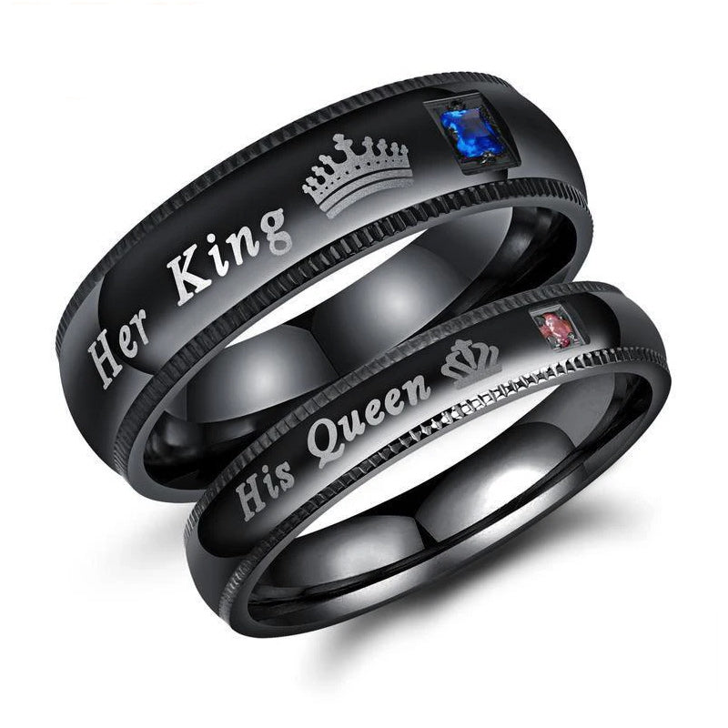 His and Her Black Stainless Steel with Blue and Pink Crown with Square-Cut Cubic Zirconia Couple Ring