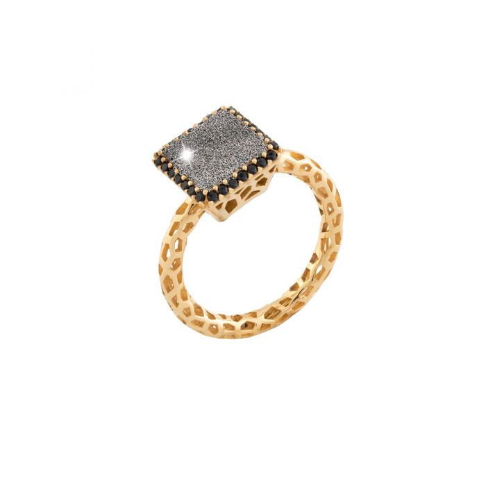 Jolie Ring in Perforated Silver with a Square Coated with diamond Dust and a Frame of Black Stone