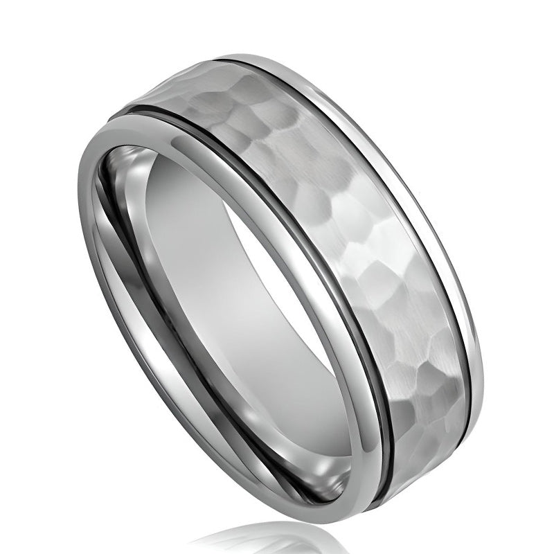 8MM Men's Tungsten Ring Wedding Band Silver Hammered Finish
