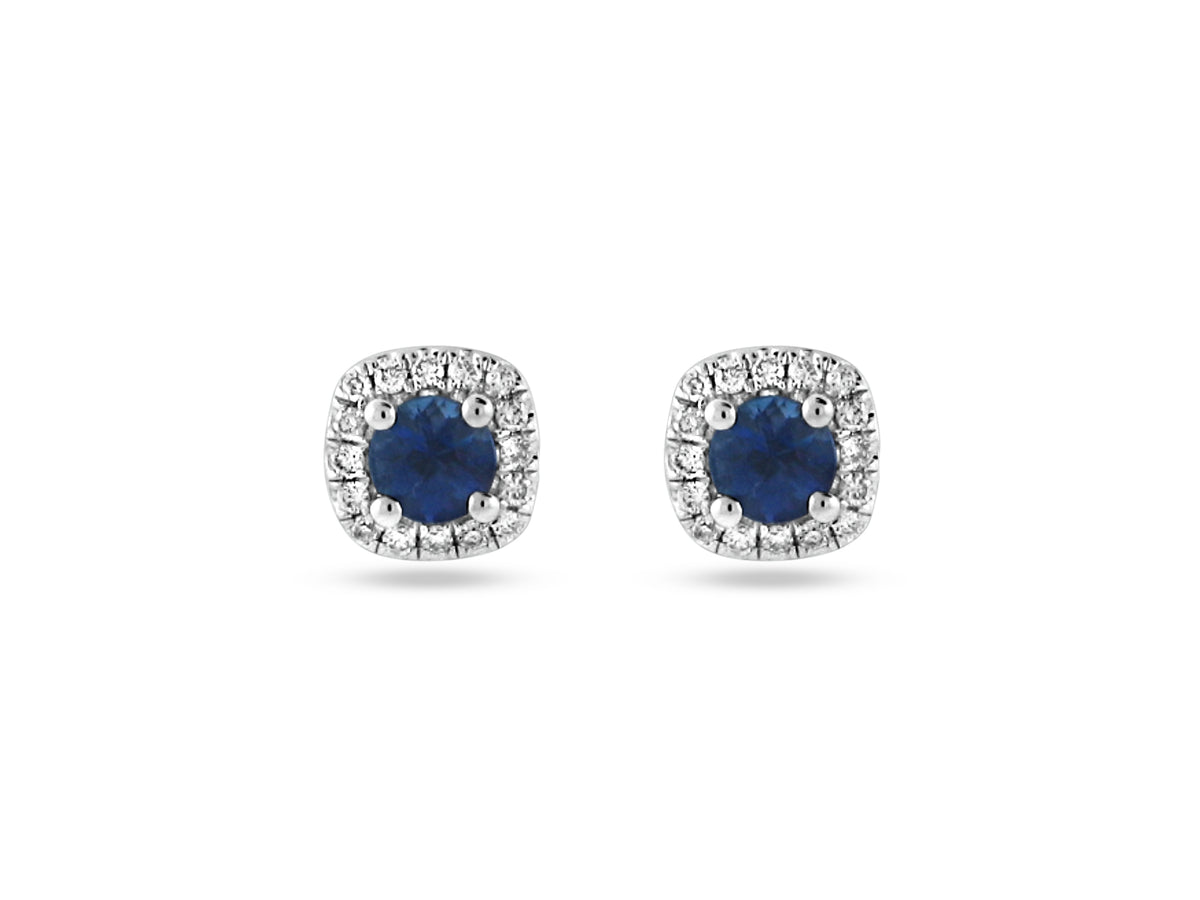 PRIVE'18K WHITE GOLD .41CT A+ SAPPHIRE STUDS WITH .10CT VS CLARITY AND G COLOR HALO DIAMONDS
