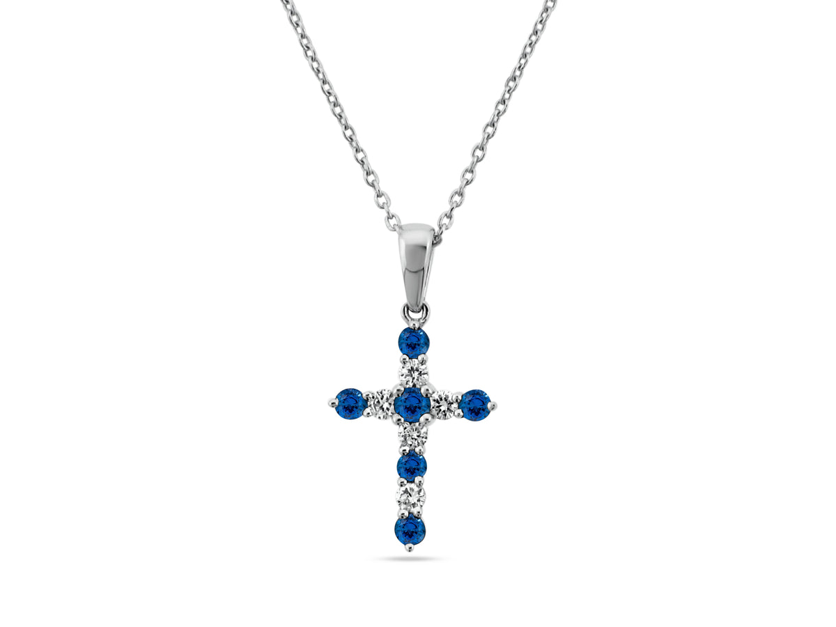 PRIVE'18K WHITE GOLD .20CT A+ SAPPHIRE AND DIAMOND CROSS PENDANT .10CT VS CLARITY AND G COLOR DIAMONDS - CABLE CHAIN INCLUDED