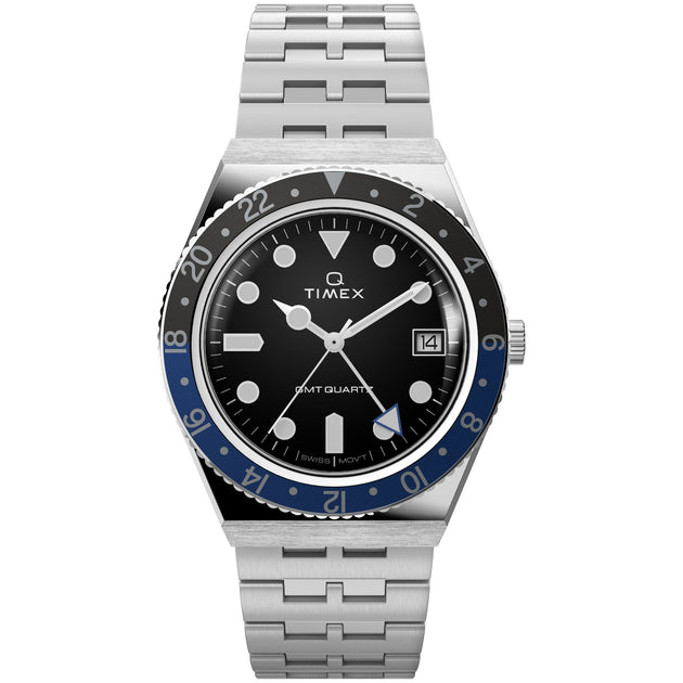 Timex Q GMT 38mm Black Blue SS