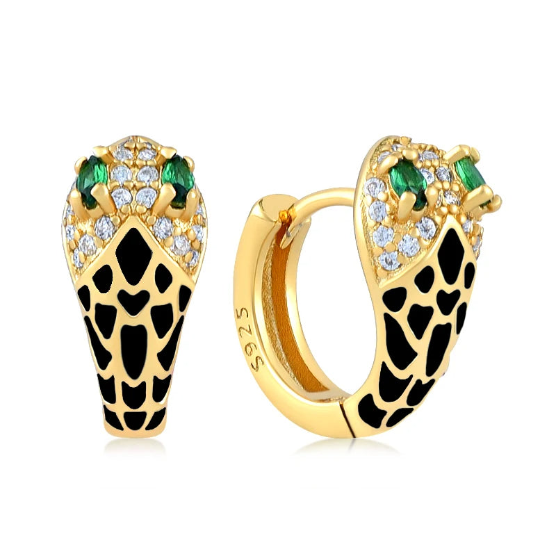 925 Sterling Silver Hoop Huggie Enamel Crystal Cobra Earrings