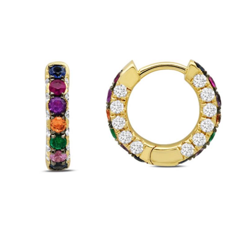 Graziela 18K Yellow Gold Rainbow & Diamond 3 Sided Hoop Earrings - WBE-1061625