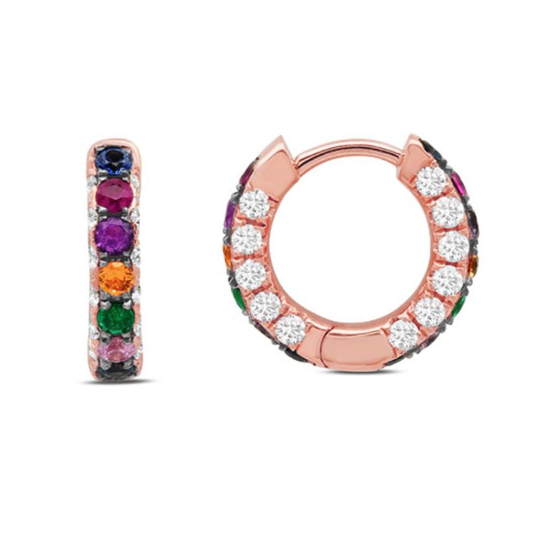 Graziela 18K Rose Gold Rainbow & Diamond 3 Sided Hoop Earrings
