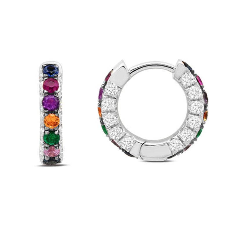 Graziela 18K White Gold Rainbow & Diamond 3 Sided Hoop Earrings - WBE-1061625