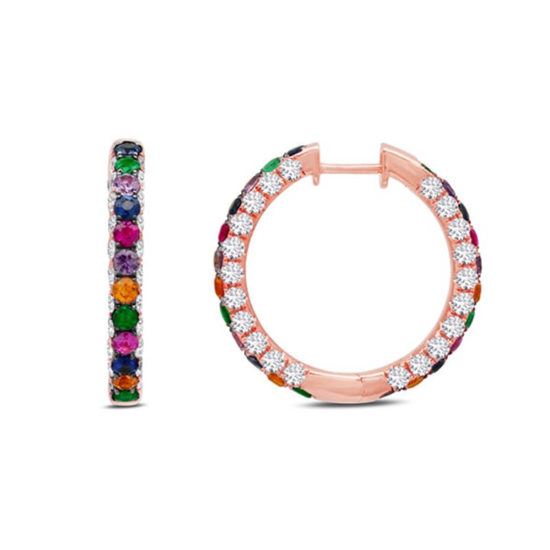 Graziela 18K Rose Gold Large Rainbow & Diamond 3 Sided Hoop Earrings
