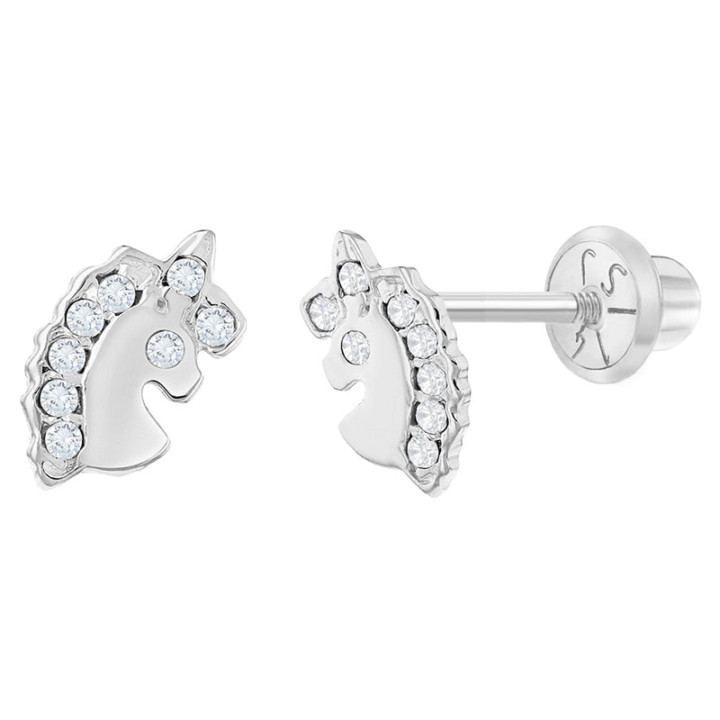 CZ Unicorn Kids / Children's / Girls Earrings Safety Screw Back - 14K White Gold