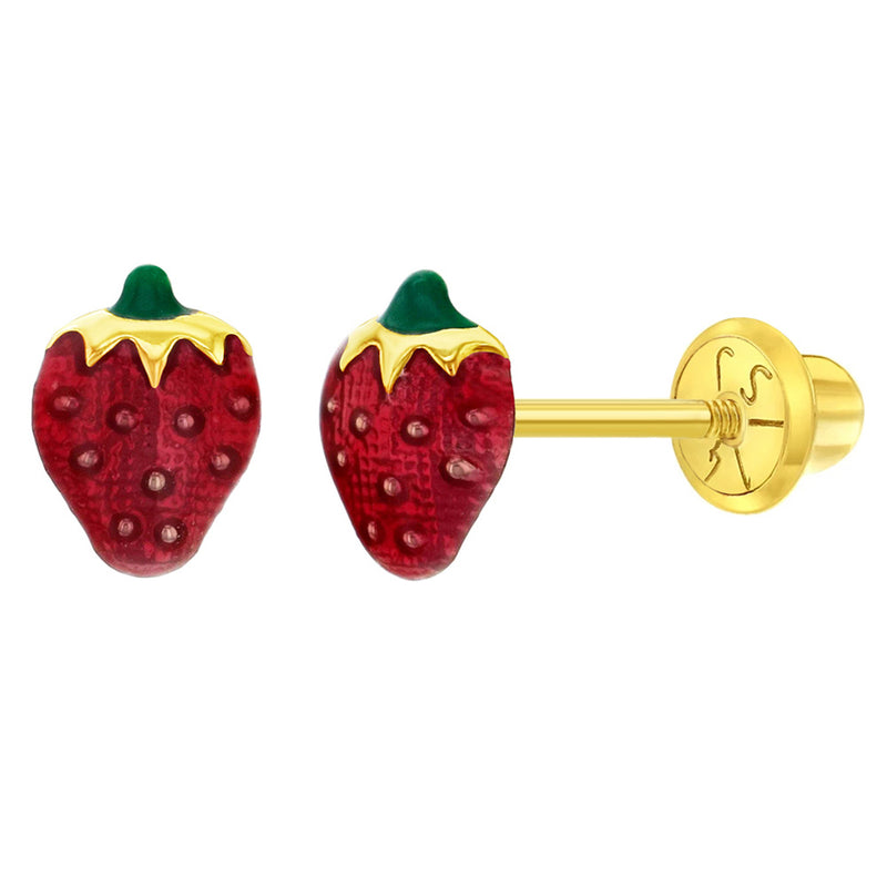 Summer Strawberry Baby / Toddler / Kids Earrings Safety Screw Back Enamel - 14k Gold