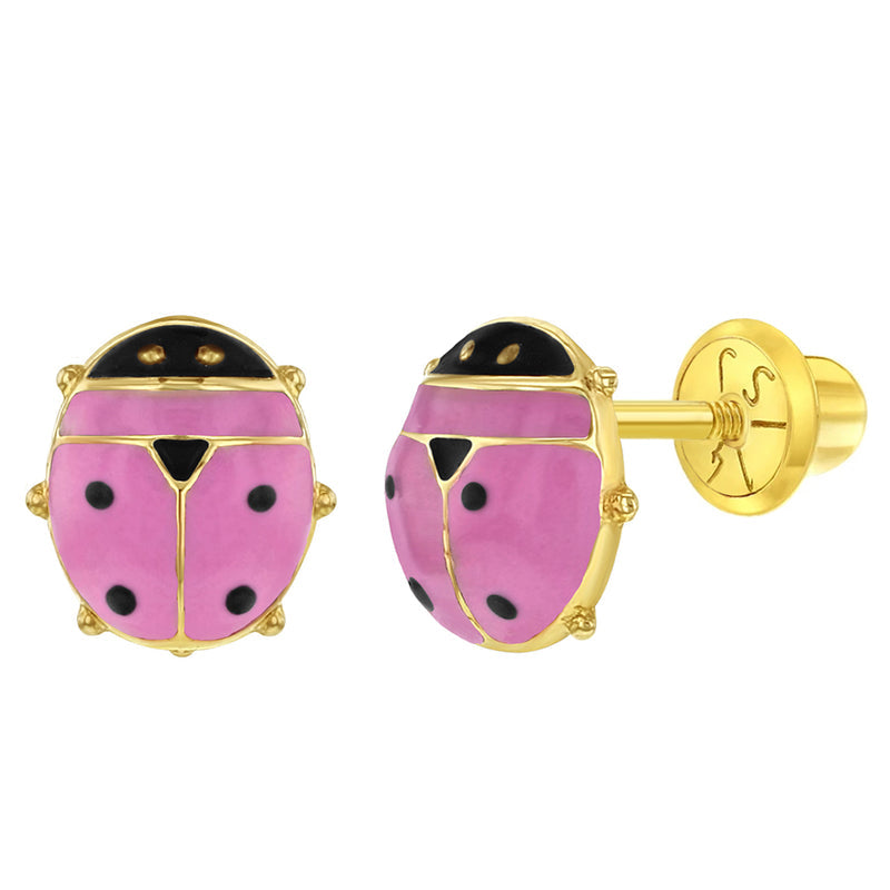 Colorful Ladybug Baby / Toddler / Kids Earrings Safety Screw Back Enamel - 14k Gold