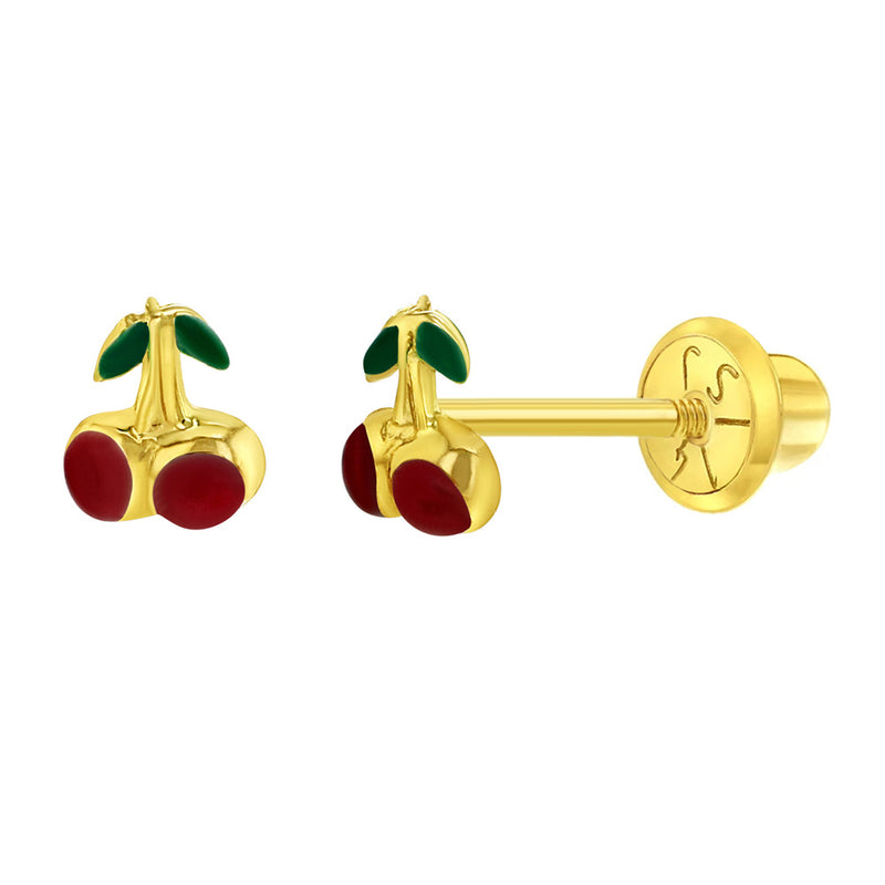 Lucky Cherries Baby / Toddler / Kids Earrings Safety Screw Back Enamel - 14k Gold