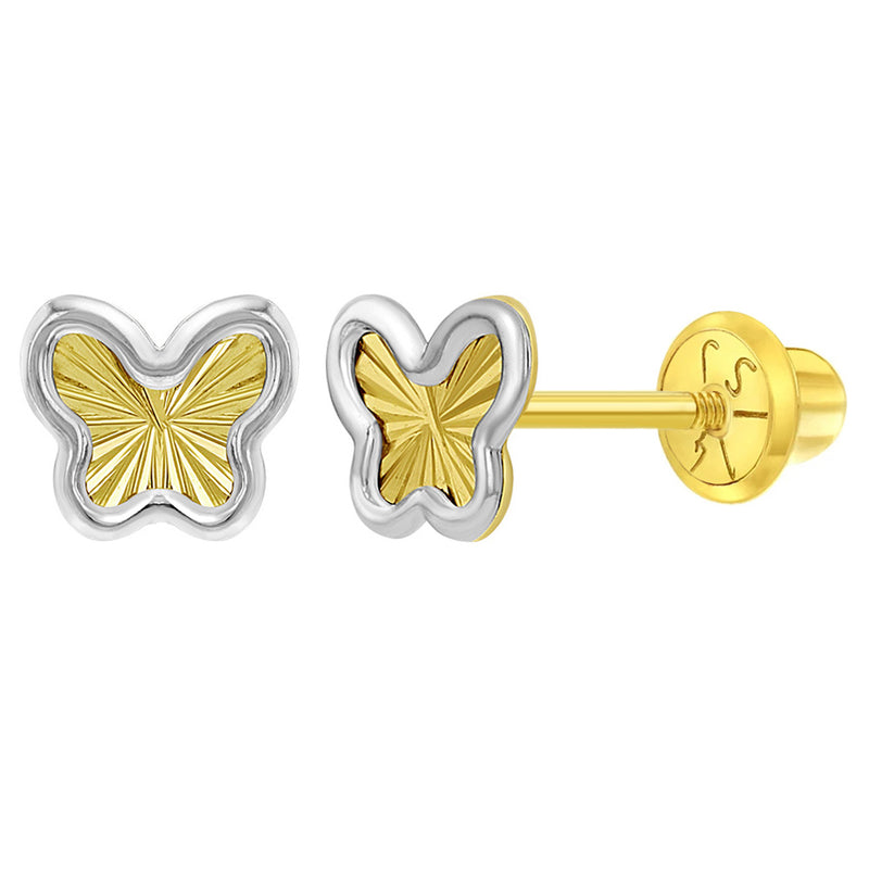 Diamond Cut Butterfly Baby / Toddler / Kids Earrings Safety Screw Back - 14k White & Yellow Gold