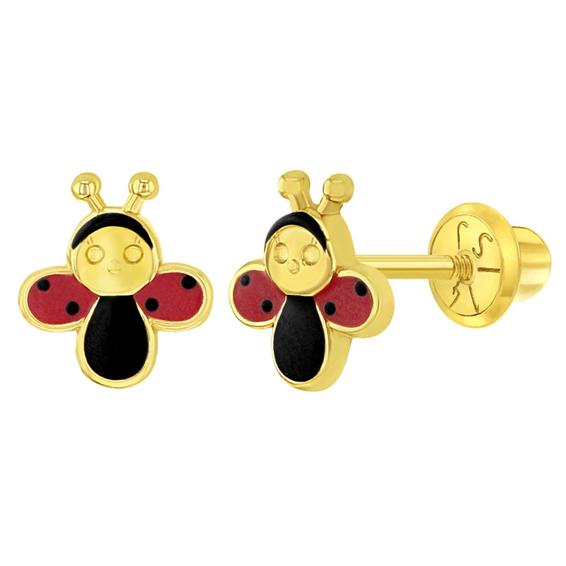 14k Yellow Gold Small Red & Black Enamel Ladybug Screw Back Earrings for Girls