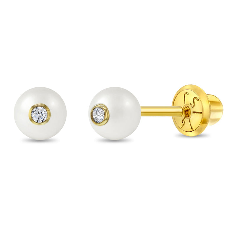 14k Simulated Pearl and CZ Girl Earrings