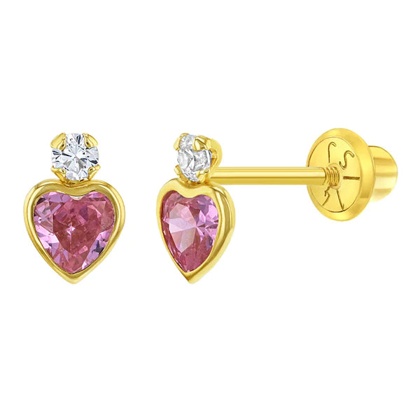 Royal Heart CZ Kids / Children's / Girls Earrings Safety Screw Back - 14k Gold
