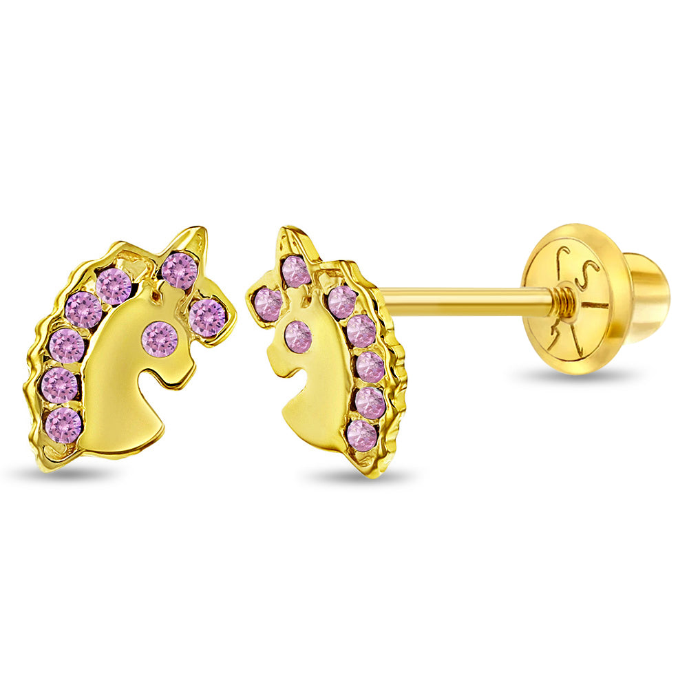 14k Pink CZ Unicorn Girl Earrings