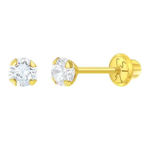 Flush CZ Solitaire 3mm Baby / Toddler / Kids Earrings Safety Screw Back - 14k Gold