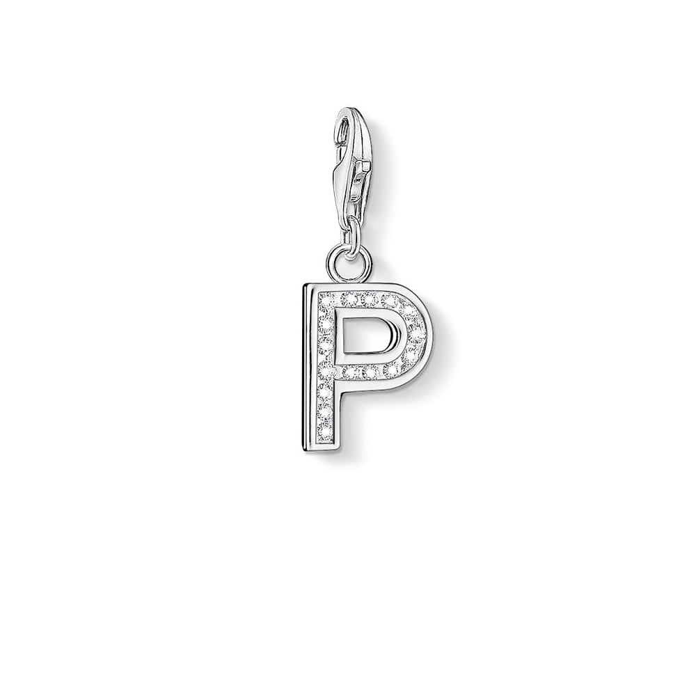 Letter P with CZ Crystals Charm (Silver)